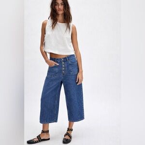 Free People “Just Float On” Cropped Wide Leg Jeans Button Fly W30